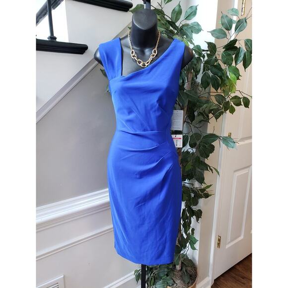 Laundry by Shelli Segal Midi Dress Womens Size 6 Blue Asymmetric Neck Sleeveless - Picture 1 of 14